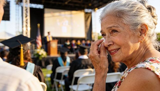 Emotional senior woman wiping tears during outdoor graduation ceremony at golden hour