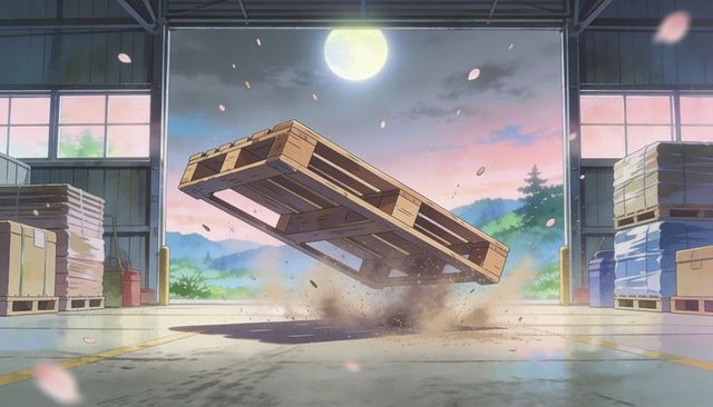 Soaring wooden pallet tilting and kicking up dust in twilight warehouse bay with moonlit sky