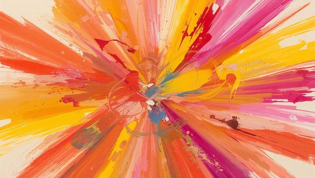 Radiating color burst on canvas with dynamic paint splatter and radial brush streaks