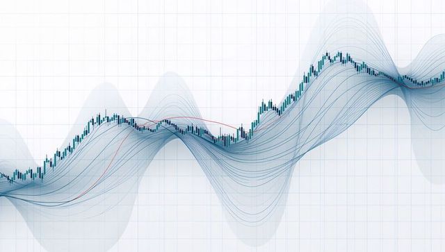 Financial Candlestick Chart Showing Upward Trend with Layered Bands and Moving Average