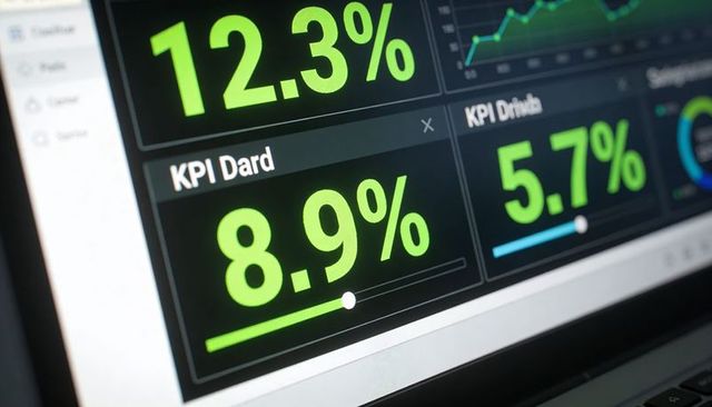 Kpi dashboard with large percent metrics and interactive progress bars on laptop screen