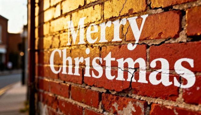 Merry christmas lettering on weathered red brick wall catching warm golden sunlight
