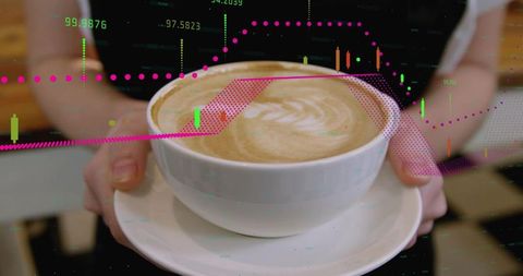 Barista holding latte on saucer with financial market overlay, candlestick chart and data