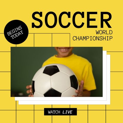 Soccer Championship Promotion with Smiling Child Holding Ball