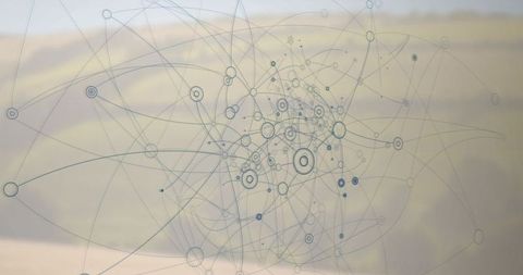 Translucent abstract network overlay with concentric nodes and interconnecting data lines