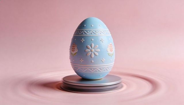 Pastel blue embossed easter egg with white floral motifs on round reflective pedestal minimal
