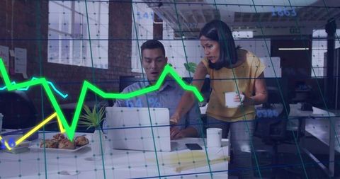 Colleagues collaborating on financial data with surprised reaction and green analytics overlay