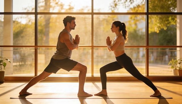 Couple practicing partner warrior lunge in sunlit yoga studio during golden hour