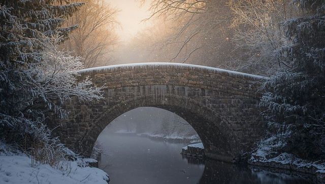 Spanning stone arch bridge framing misty river and icicles at frosty sunrise in forest