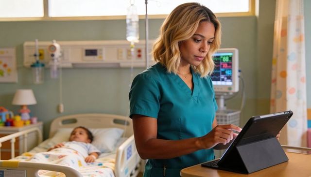 Pediatric nurse updating electronic chart on tablet at bedside with child resting in hospital