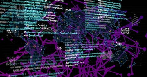 Visualizing cyber network with neon code overlay, analytics dashboard and threat nodes