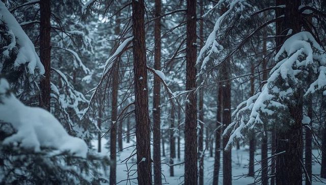 Pines Standing Under Heavy Snow in Misty Blue Winter Forest
