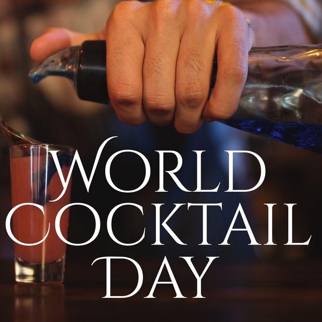 World cocktail day text banner against close up of bartender pouring drink into shot glasses at bar. world cocktail day awareness concept