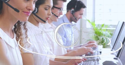 Call center representatives with futuristic digital overlay interface