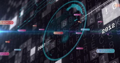 Futuristic holographic data hud with teal globe ring and floating numeric badges