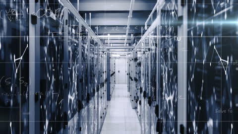 High-Tech Server Room with Overlayed Mathematical Equations