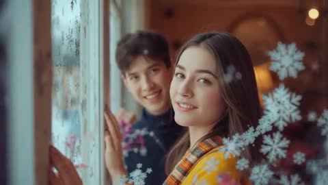 Couple Adding Snowflake Decals on Window for Festive Atmosphere