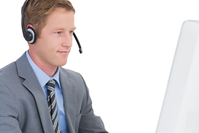 Transparent Businessman Wearing Headset Working on Computer - Download Free Stock Videos Pikwizard.com