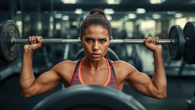 Female athlete lifting loaded barbell with intense focus during strength training session