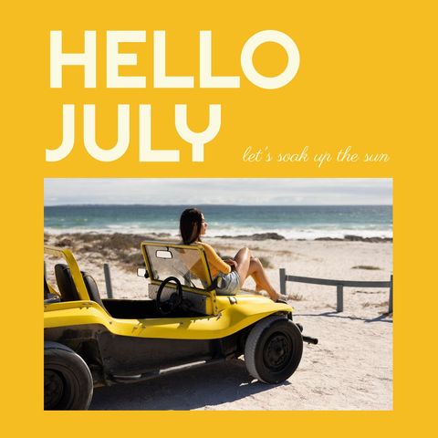 Hello July Beach Sunbathing with Yellow Buggy - Download Free Stock Templates Pikwizard.com