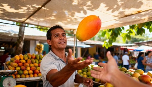 Vendor tossing ripe mango to customer hand at tropical market stall, fresh produce