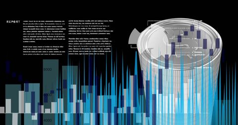 Financial data analysis with stacked silver coins and graphs