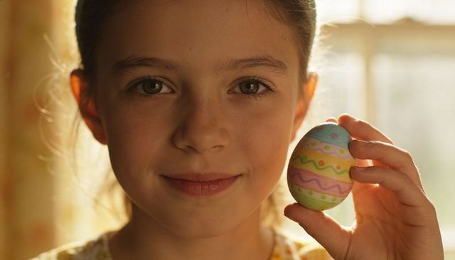 Smiling girl holding pastel decorated easter egg in warm backlit window light closeup