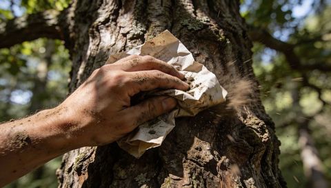Hand wiping dirt from tree bark with crumpled towel, woodland close-up detail