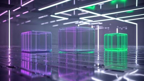 Futuristic neon wireframe cubes in dazzling gallery
