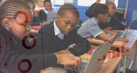 Children Engaged in Classroom with Technology and Binary Animation