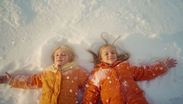 Siblings in Orange Jackets Making Snow Angels in Snowy Field