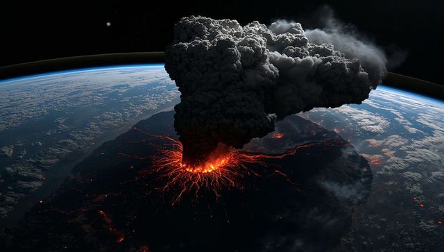 Erupting Volcano with Ash Plume Viewed from Space