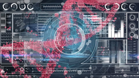 Futuristic Digital Interface with DNA Visualization and Data Analysis