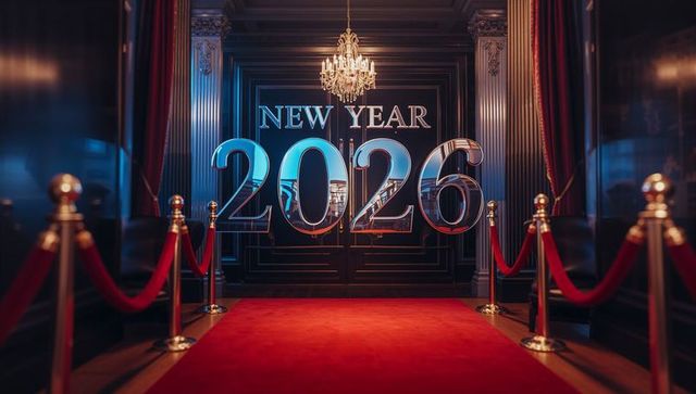 Luxury New Year 2026 Red Carpet Entrance with Chrome Numerals and Crystal Chandelier