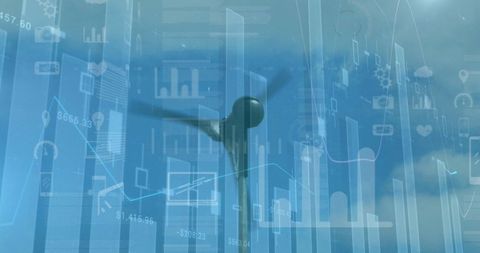 Wind Turbine Behind Transparent Digital Data and Statistics