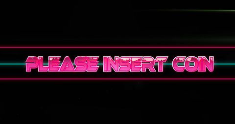 Retro Game Interface 'Please Insert Coin' Neon Text Banner