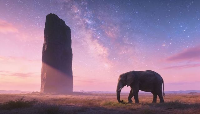 Elephant walking under milky way past towering monolith at pink twilight