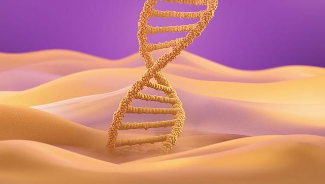 Golden DNA Helix Rising from Sand Dunes in Futuristic Landscape