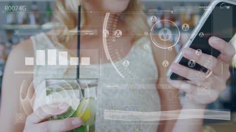 Woman Analyzing Digital Data on Smartphone in Café