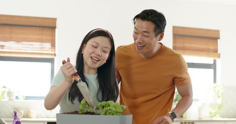 Asian couple planting kitchen herb garden with trowel and planter box