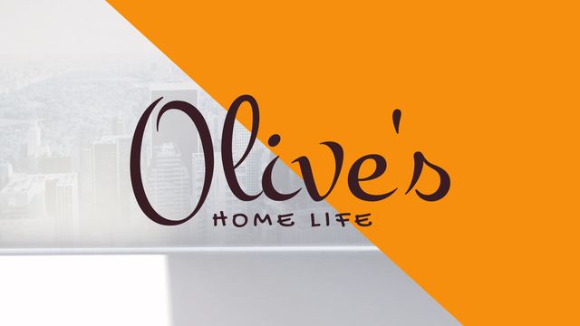 Image features Olive's Home Life logo in brown text over a cityscape and an orange background. Ideal for branding materials, business presentations, or marketing content related to home improvement, real estate, or lifestyle businesses.