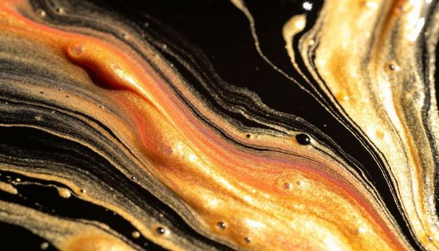 Copper-gold marbling flow with black ribbons, iridescent metallic veins and bubbles, macro