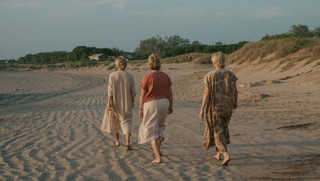 Walking senior women barefoot along rippled sandy beach near dunes at golden hour