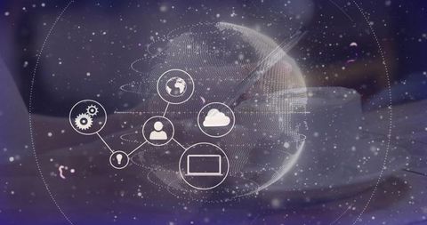Projecting holographic dotted globe with connected tech icons over coffee cup and desk