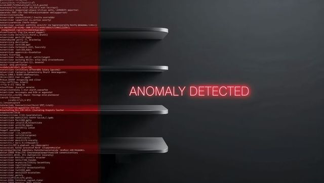Anomaly detected neon warning glowing red on dark tech shelves with terminal code overlay