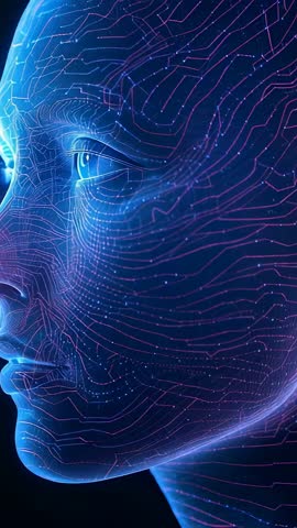 Activating Neural Circuits on Futuristic Blue Head with Pulsing Pink Lines — Vertical