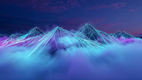Pulling Camera Forward at Dusk Revealing Neon Cyan Wireframe Mountain Peaks Above Purple Fog