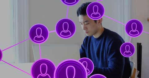 Remote worker typing on laptop connecting virtual team with purple network overlay