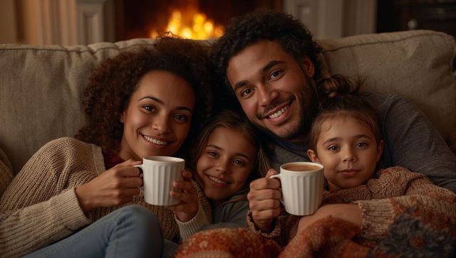 Cuddling family sharing hot drinks by fireplace wearing cozy sweaters and knit blanket