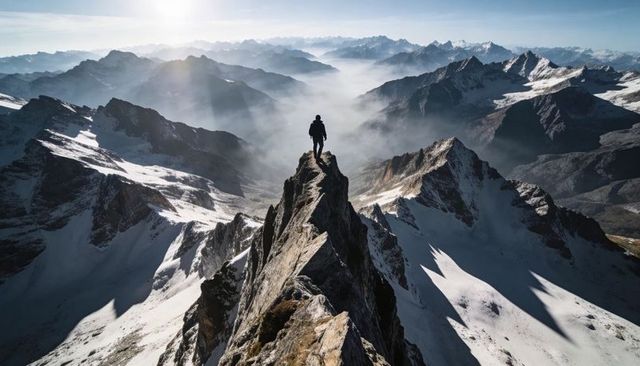 Solitary hiker standing on jagged alpine summit ridge overlooking vast snow-covered peaks